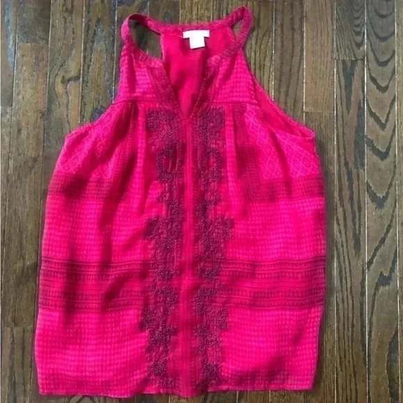 Lucky Brand Halter Neck Sheer Overlay Embroidered Multi-Pattern Pink Tank - M - Picture 1 of 10